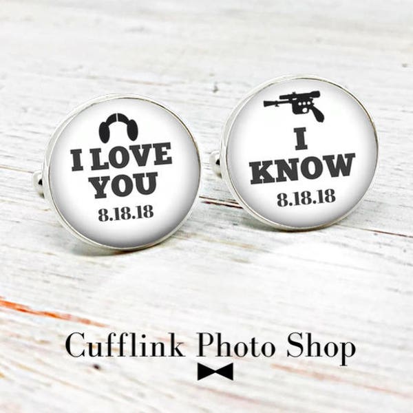 Personalized Star Wars cufflinks, I Love You I know wedding anniversary custom date cuff links, gift under 30