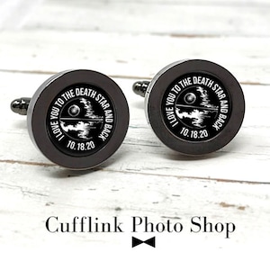Custom Star Wars cufflinks, personalized Death Star and Back cuff links with your customized date