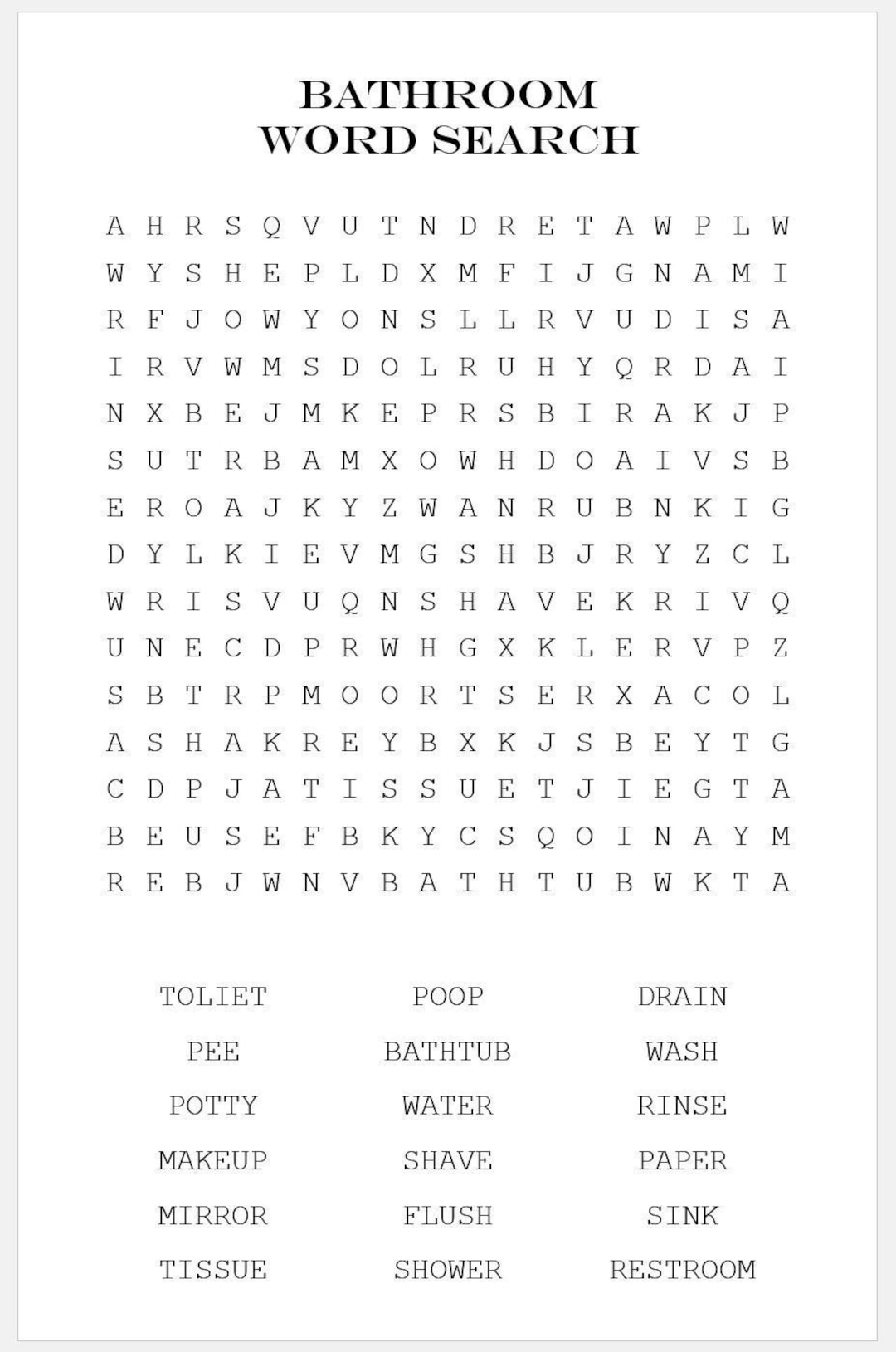 Bathroom Word Search Etsy
