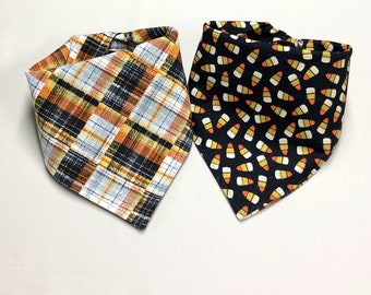 Candy Corn Dog Bandana, Orange and Black Plaid Halloween Dog Bandana, Reversible Snap On Dog Bandana