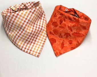 Orange Plaid Fall Dog Bandana, Orange and Gold Fall Leaves Dog Bandana