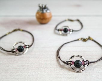 Essential Oil Diffuser Bracelet Set | Hammered Circle | Aromatherapy Jewelry | Lava Stone | Essential Oil Diffuser | Lava Bead