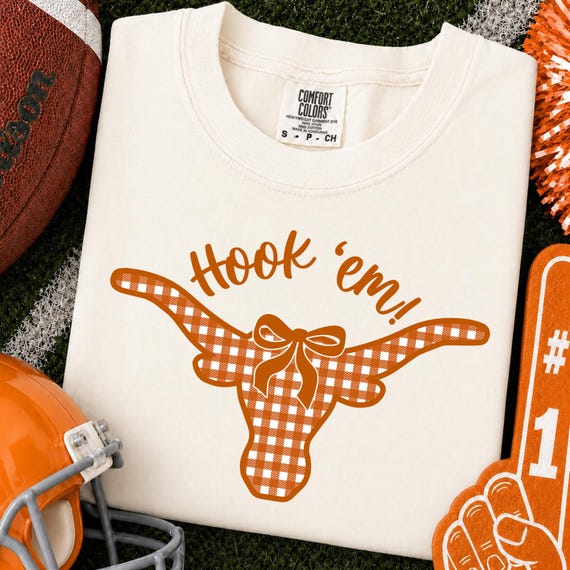 Longhorns PNG | Hook 'Em PNG | Coquette Longhorn Bow | Burnt Orange Gingham Football Shirt Design | Texas Game Day Sublimation