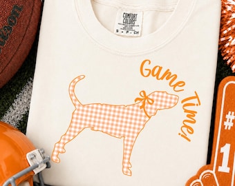 Dog Shirt PNG | Fan Shirt Design PNG | College Football Game Day Shirt Design | Orange Checkered Dog | Coquette Football | Dtf Transfer