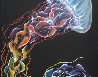 Celestial Wanderer - Surreal Galaxy Space Jellyfish- surrealism painting, stretched art canvas print, original artwork - Paula Loomis Art
