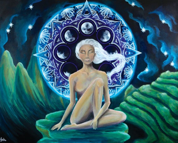 Harmony - Moon Goddess Lunar Divine Feminine - surrealism painting, stretched art canvas print, original artwork - Paula Loomis Art