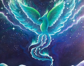 Phoenix Rising - Surreal Northern Lights Painting - fantasy green fire bird aurora borealis wall art, canvas giclée print - Paula Loomis Art