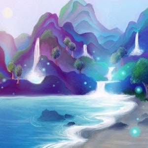 Dreams Remain - Surreal Magic Landscape Waterfall Painting - cosmic beach fantasy painting - unique giclée canvas art- Paula Loomis Art