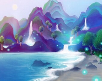 Dreams Remain - Surreal Magic Landscape Waterfall Painting - cosmic beach fantasy painting - unique giclée canvas art- Paula Loomis Art