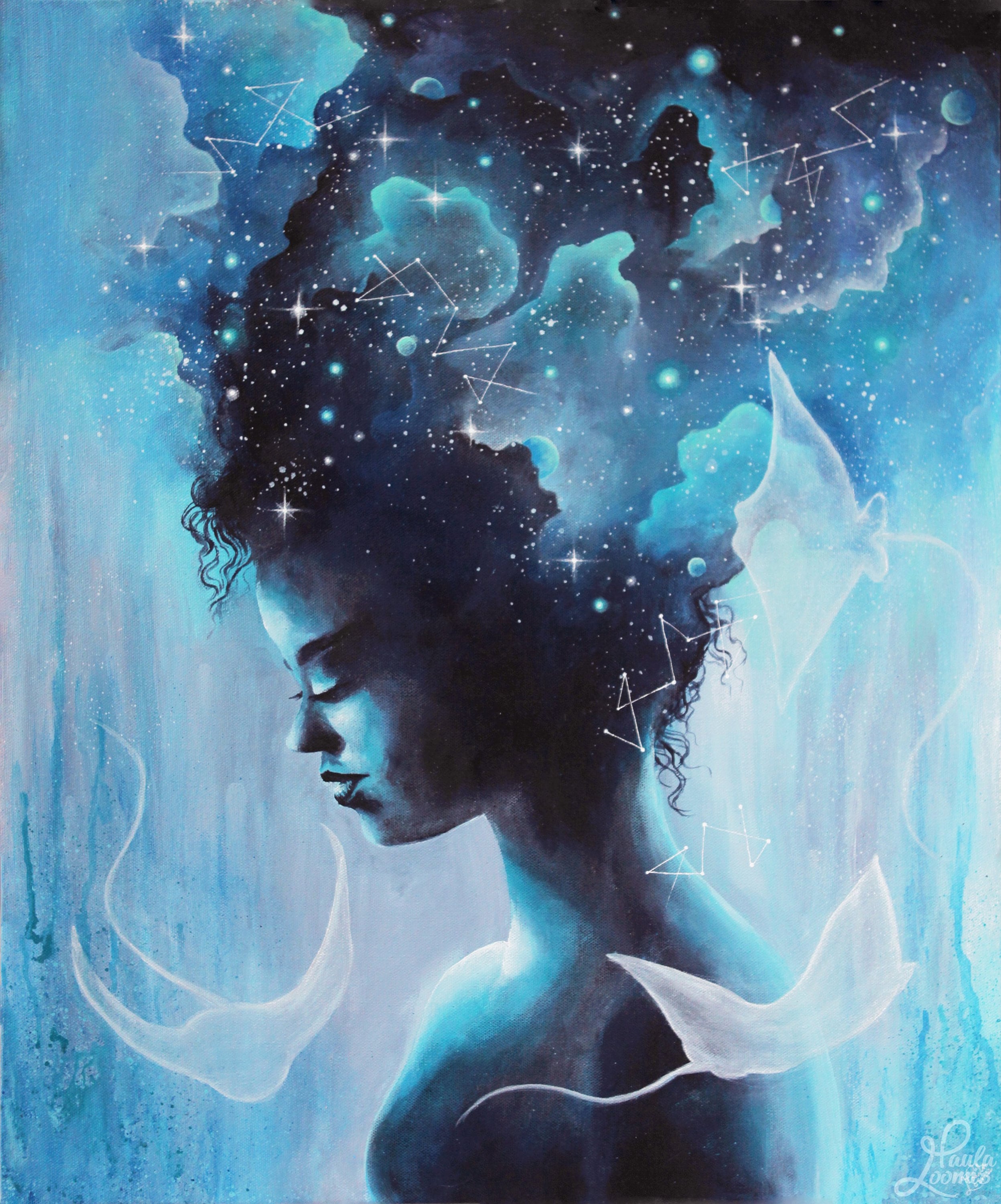 Depths - Surreal Acrylic Painting, Blue Nebula Stingray Canvas Art