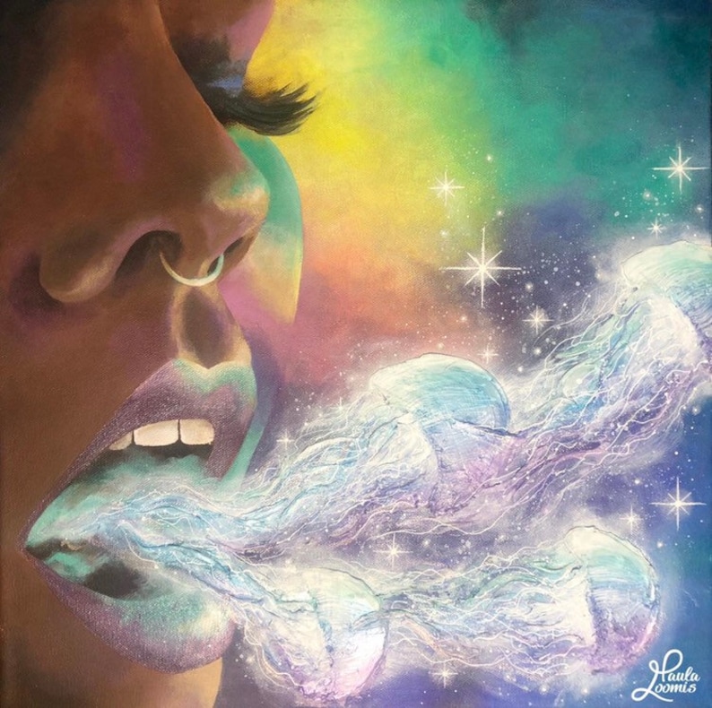 May include: A painting of a woman's face with a nose ring and open mouth. The woman is blowing out glowing blue jellyfish with white tentacles against a colorful background with stars.