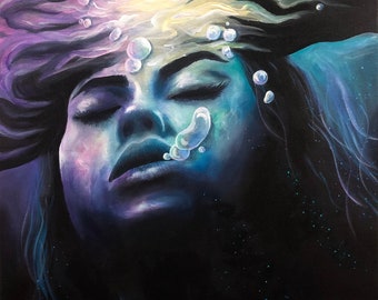 Breathe - Woman breathing bubbles swimming underwater - colorful water fantasy mermaid swimmer painting, canvas art print - Paula Loomis Art