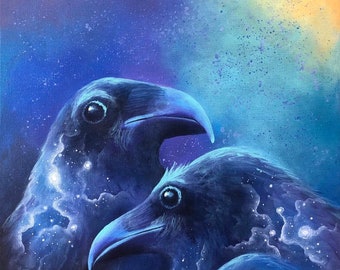 Constellation Corvus - Colorful cosmic fantasy raven art - whimsical rainbow corvid crow painting, canvas wall art print - Paula Loomis Art