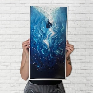 May include: A blue and white abstract painting with a silhouette of a person falling into a galaxy of stars.