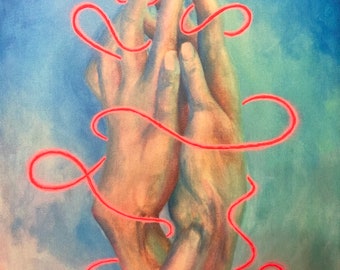 Invisible Ties - red string of fate art, soulmate hands embrace surreal acrylic painting, unique embellished canvas print - Paula Loomis Art