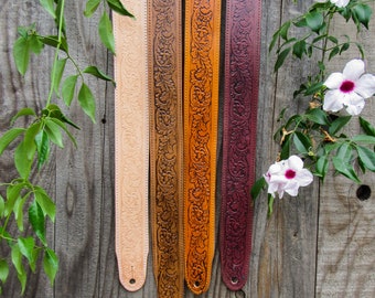 2in Top Grain Leather Floral Guitar Strap (Padding & Acoustic Attachment Available)