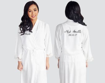 CUSTOM Personalised Cotton Lace Robe Printed Bridal Dressing Gown Bride Tribe Wedding Bridesmaid