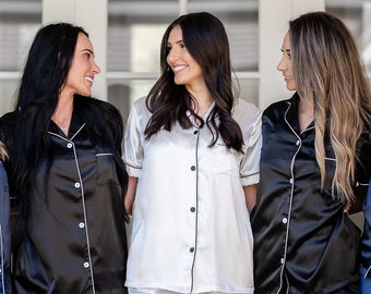 BLACK Pyjamas PJs Personalised Pajama Set Satin Bridal Wedding Bridesmaid