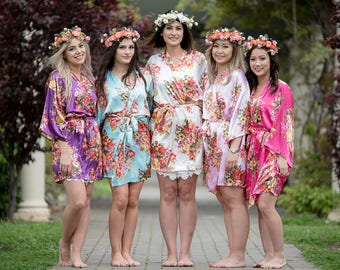 Satin Floral Vintage Robe Dressing Gown Wedding Bridal Bride Tribe Bridesmaid - ONE SIZE (8-16)