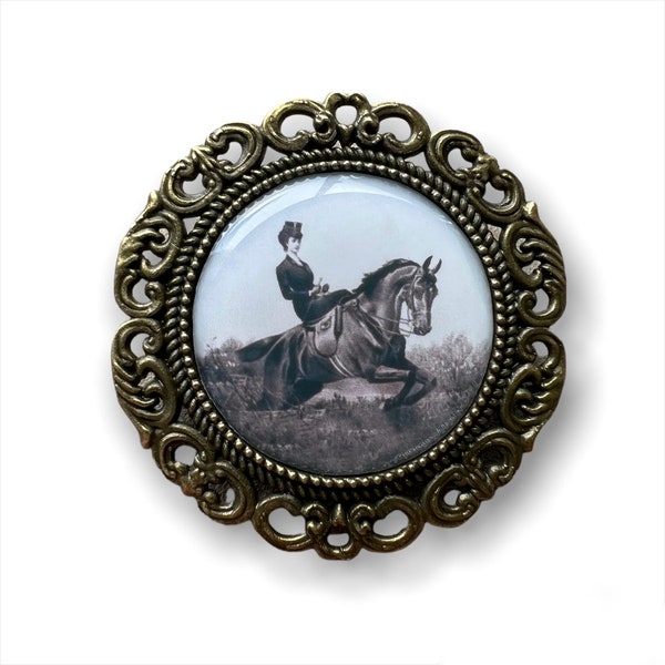 Lady Side Saddle Black Horse jumping Pre Tied Stock Pin Brooch Hat tie lapel Jacket Hunter Equine Badge