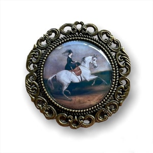 Lady Side Saddle Grey Horse Pre Tied Stock Pin Brooch Hat tie lapel Jacket Hunter Equine Badge