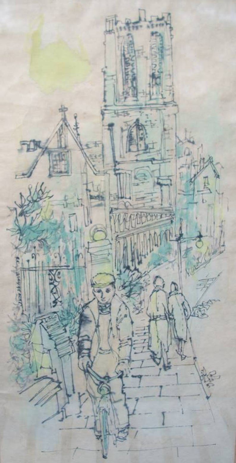 MAGDALEN TOWER Framed 1958 Signed ORIGINAL line watercolor wash on rice paper, by the late Artist Alice Wadowski-Bak image 2