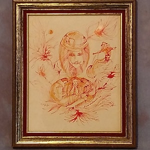 May include: A framed drawing in red and white tones depicting a woman with a hat, a small figure in the upper right corner, and a swirling background.