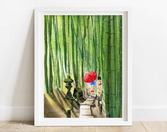 Japanese Art Print - Kyoto poster, Japanese print, Japan gifts, Japanese decor,emerald green decor,bamboo print,anime poster,Asian art print