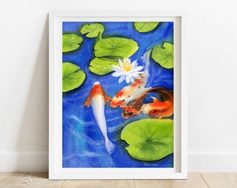 Koi Fish Art Print - Japanese art print, Japanese print, water lily print, lotus flower art,anime poster, Asian art print,