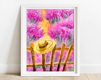 Lavender Field Print - pintura de campo de lavanda, arte floral de la pared, grabados de la naturaleza, arte de la pared de la naturaleza, decoración cottagecore,