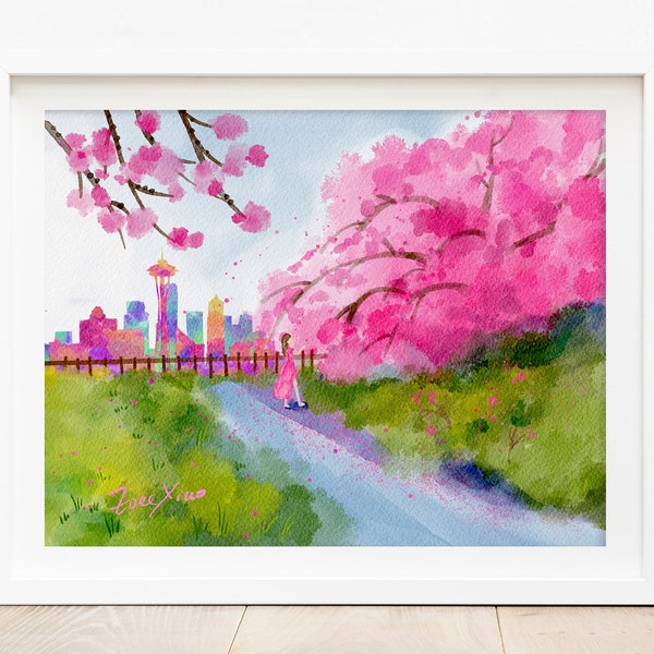 Seattle Art Print - Kerry Park, Seattle Wall Art, Seattle artwork, Seattle gifts, cherry blossom art, pacific northwest art, living room art