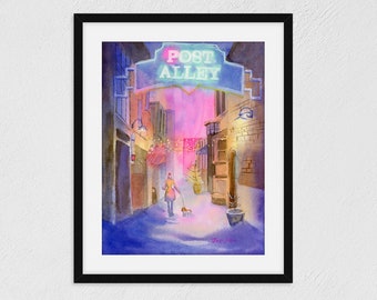 Seattle Art Print - Post Alley, neon watercolor print, Seattle wall art, Seattle artwork, Seattle watercolor, pacific northwest art