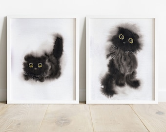 Black Cat Art Print Set- black cat print, nursery decor for kids, woodland animals print, cat artwork, cat gift, nursery wall art