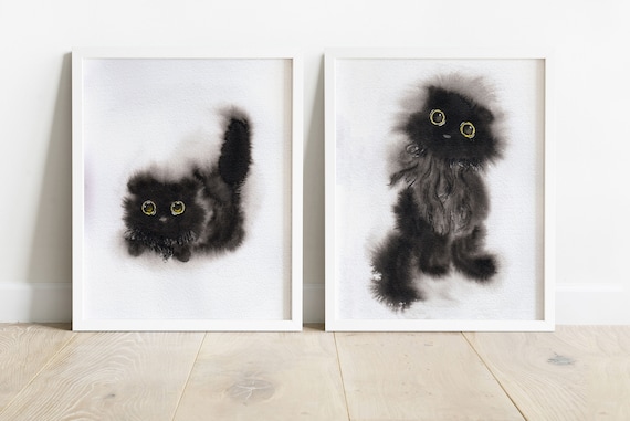 Black Cat Art Print Set- black cat print, nursery decor for kids, woodland animals print, cat artwork, cat gift, nursery wall art