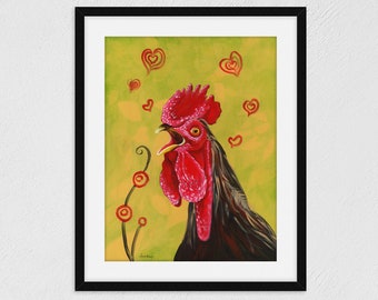 Funny Rooster Art Print - rooster artwork, rooster art nursery decor for kids, rooster decor, woodland animals print