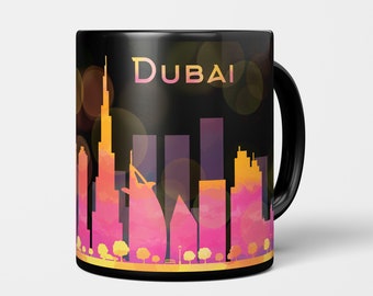 Mug Dubai Skyline Art Mug Dubai, mug art Émirats arabes unis, tasse à café noire, cadeau amateur de café pour elle, tasse à café unique, tasse en céramique
