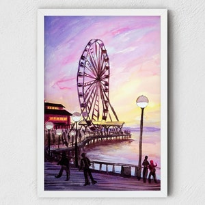 Seattle Art Print - Water Front Park, Seattle Wall Art, Seattle great wheel, Seattle gifts,sunset art,pacific northwest art, living room art