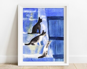 Cute Cat Art Print - cat lover gift for women, nursery decor for kids, woodland animals print, cat artwork, cat gift, nursery wall art