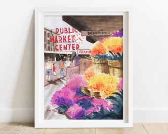 Seattle Art Print - Pike Place Market, floral wall art, Seattle artwork, Seattle gifts, pacific northwest art,