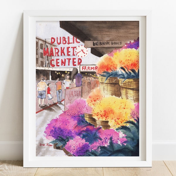 Seattle Art Print - Pike Place Market, floral wall art, Seattle artwork, Seattle gifts, pacific northwest art,