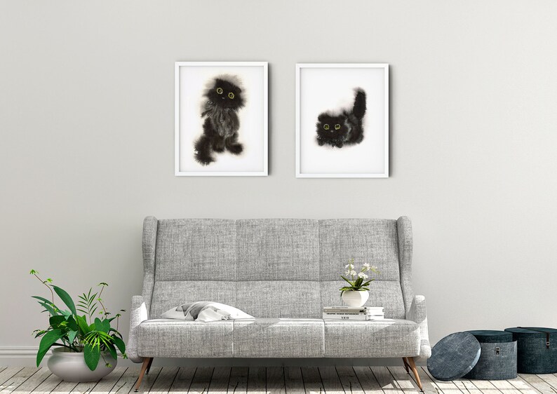 black cat art print set of 2, with option to buy individual print