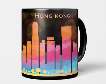 Tasse de Hong Kong - tasse à café noire, tasse d'art de Hong Kong, tasse d'horizon de Hong Kong, cadeau d'amant de café pour elle, tasse à café unique, tasse en céramique