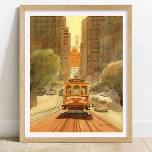 San Francisco Art Print - trolly car sunset art print, California home decor, California gifts, San Francisco art, minimalist wall art