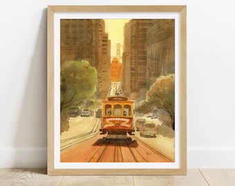 San Francisco Art Print - trolly car sunset art print, California home decor, California gifts, San Francisco art, minimalist wall art