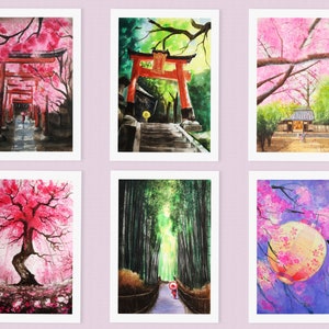 Japanese Art Greeting Card Set - cherry blossom art cards, greeting cards handmade watercolor, sakura art cards, Kyoto greeting card set
