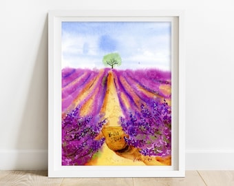 Lavender Field Print - pintura de campo de lavanda, arte floral de la pared, arte minimalista de la pared, estampados de la naturaleza, decoración cottagecore,