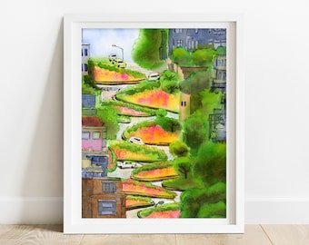 San Francisco Art Print - Lombard Street, California home decor, California gifts, San Francisco print, asian art watercolor painting