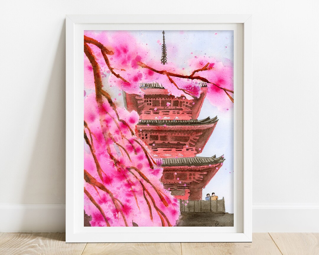Japanese Cherry Blossom Art Print: Asian Pagoda Temple Watercolor - Etsy