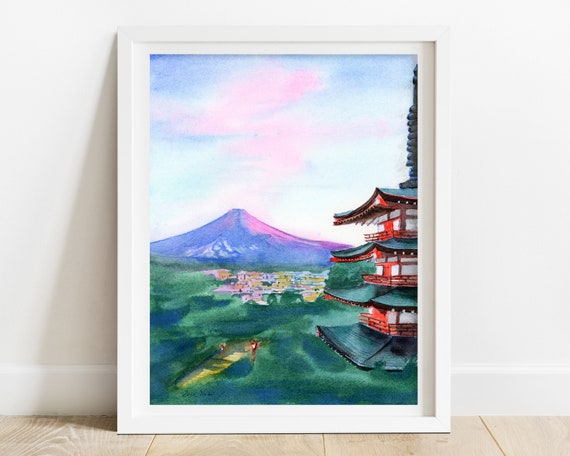 京都の夕焼けアートプリント：五重塔と山の風景 - Etsy 日本