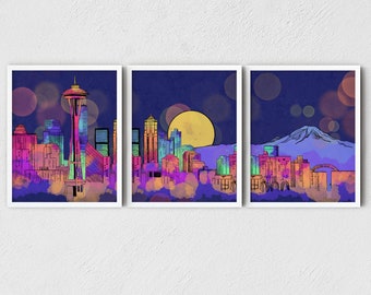 Seattle Art Print Set - Seattle skyline wall art, neon art poster, Seattle artwork, Seattle gifts, space needle print, living room art